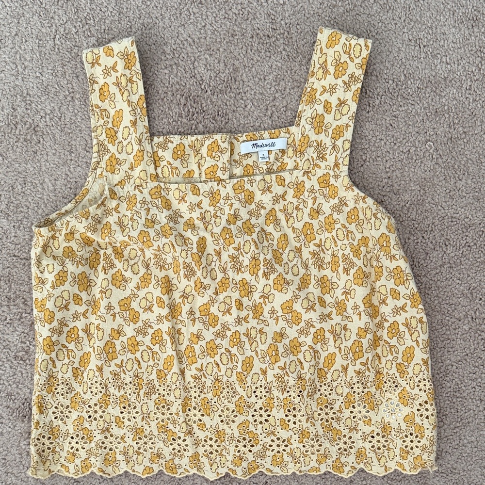 Madewell Cream and Yellow Floral Eyelet Square-Neck Camisole